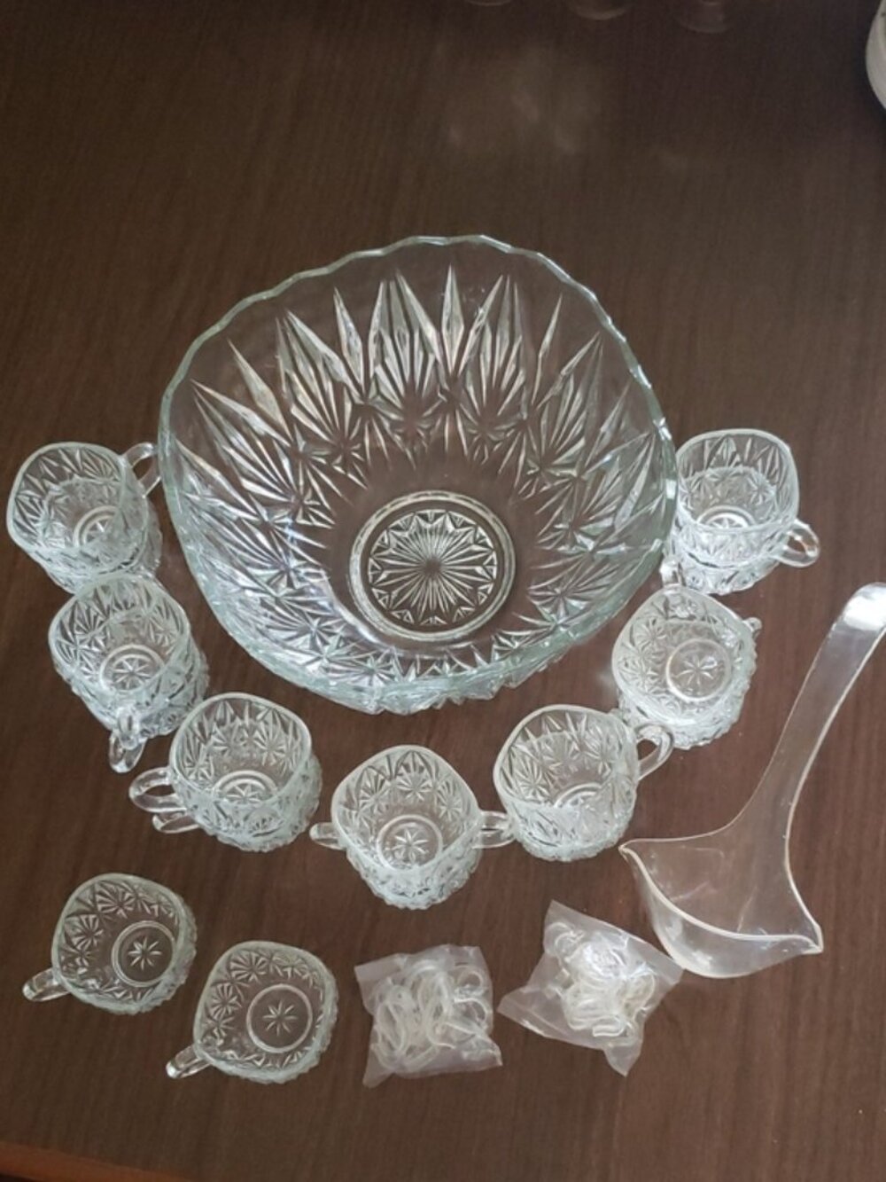 1950s MCM Hazel-Atlas Williamsport pressed cut glass Punch Bowl Service for 16